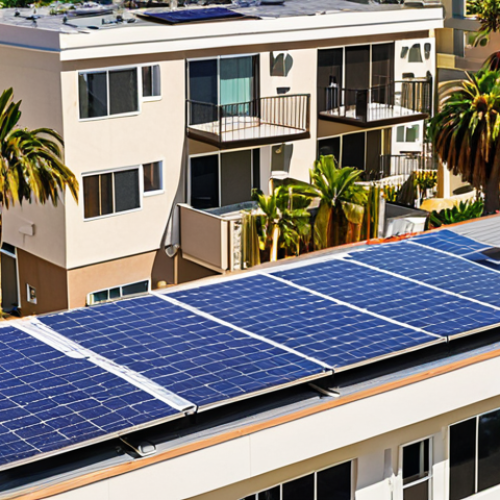 **

`A modern apartment building in California with solar panels on the roof, palm trees in the foreground, showcasing stability and high rental demand, sunny day, vibrant colors, real estate concept`

**
