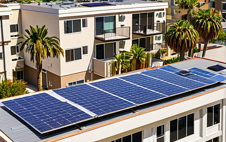 **

`A modern apartment building in California with solar panels on the roof, palm trees in the foreground, showcasing stability and high rental demand, sunny day, vibrant colors, real estate concept`

**