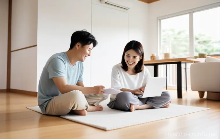 기준금리와 대출 금리의 관계 - A young Japanese couple in their late 20s or early 30s, dressed in comfortable, modest loungewear, s...