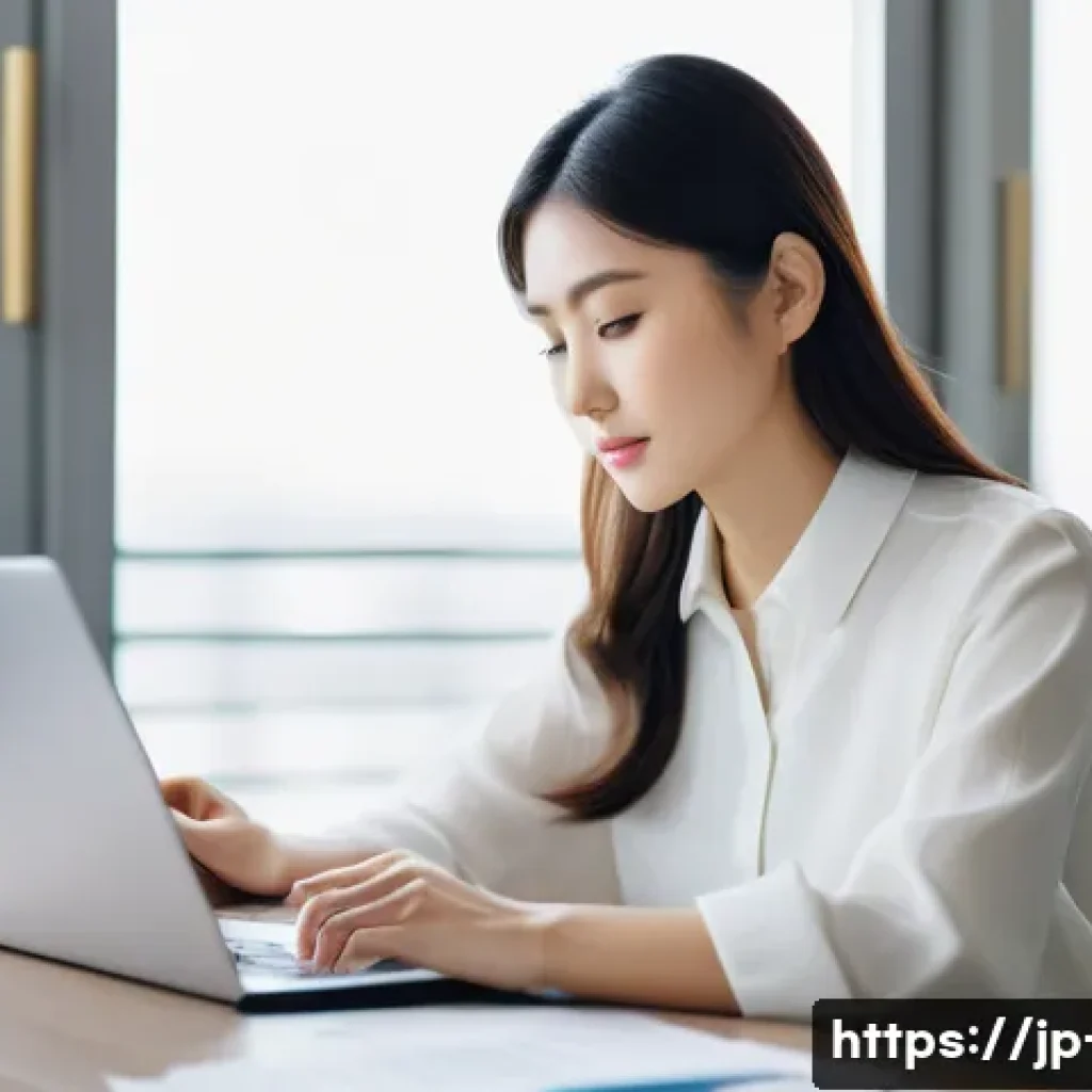 연금저축펀드의 장점 - A modern Japanese young professional woman sitting at a sleek desk in a bright, minimalist home offi...