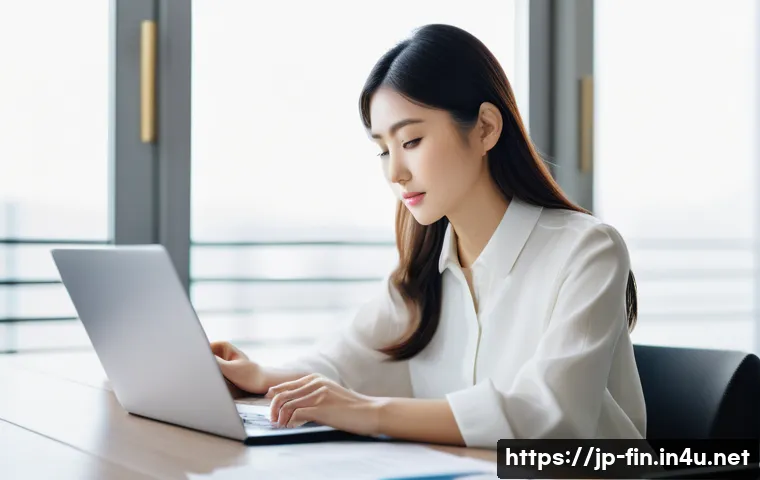 연금저축펀드의 장점 - A modern Japanese young professional woman sitting at a sleek desk in a bright, minimalist home offi...