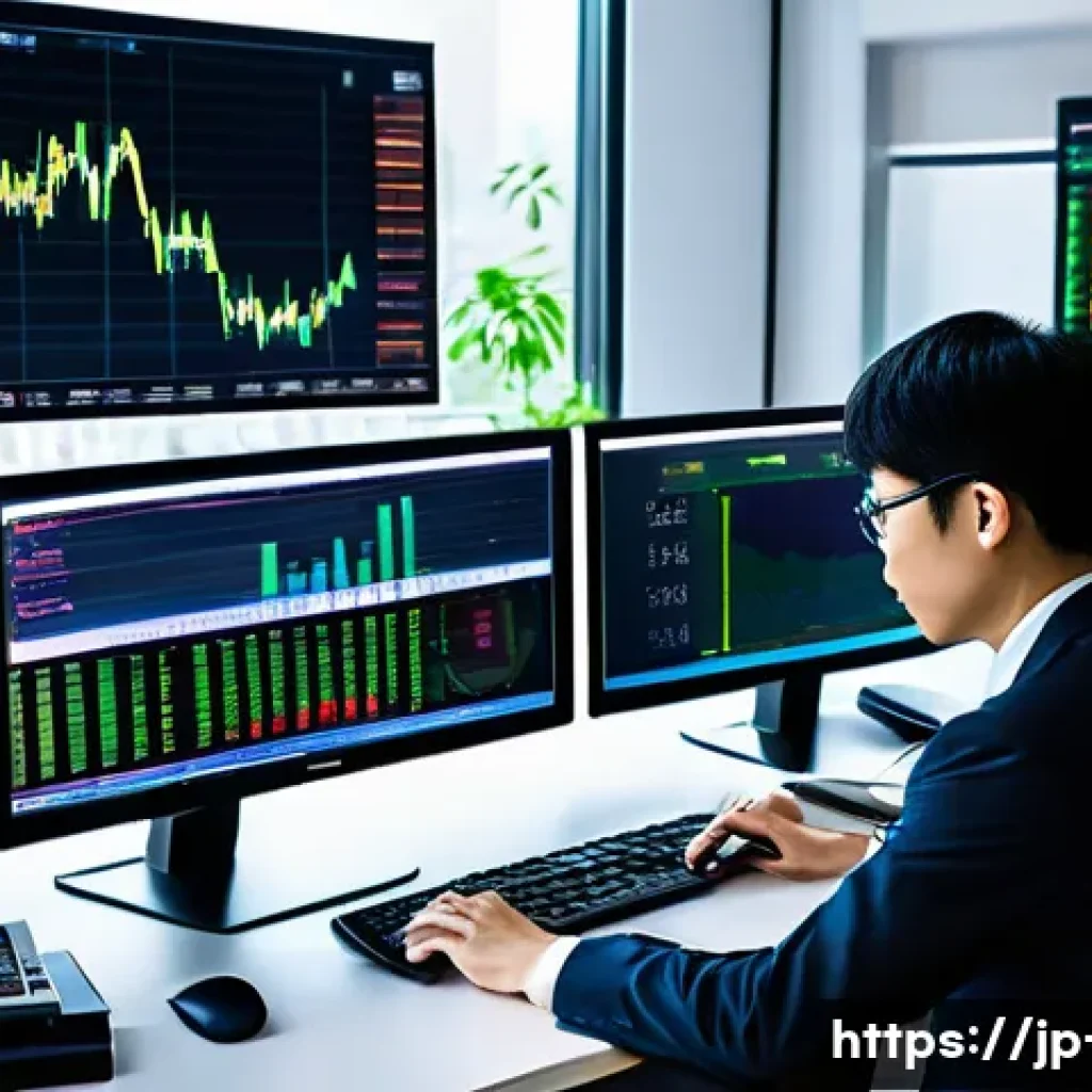 외화 ETF 투자 전략 - A modern Japanese office scene with a professional investor analyzing foreign currency ETFs on multi...