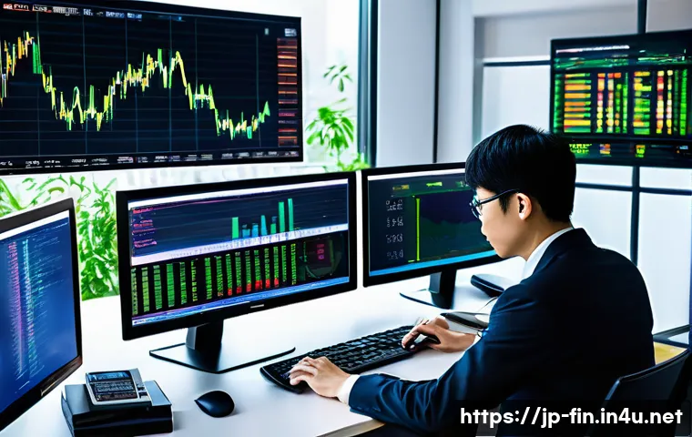 외화 ETF 투자 전략 - A modern Japanese office scene with a professional investor analyzing foreign currency ETFs on multi...