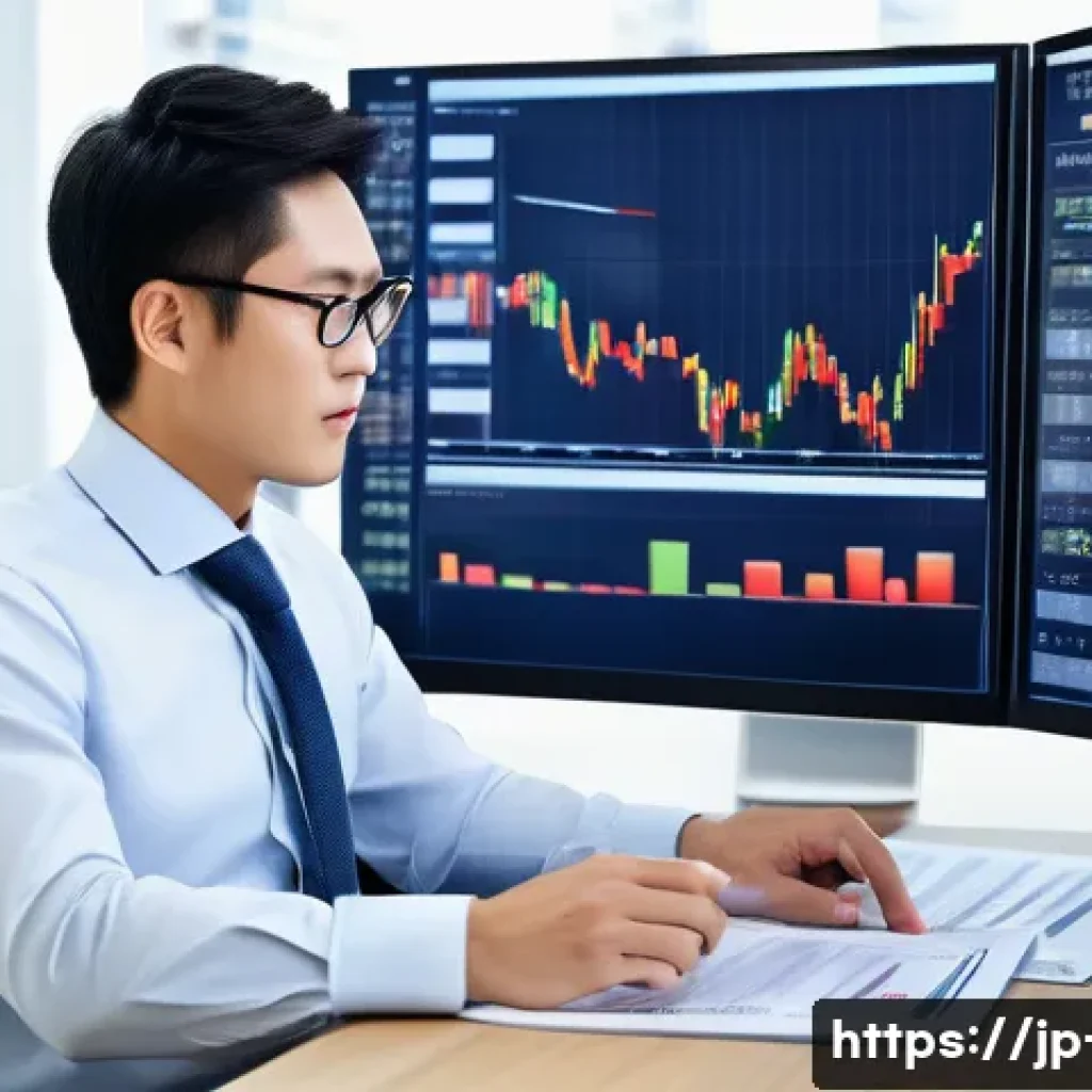 외화예금과 국내 예금 비교 - A modern Japanese financial advisor at a sleek office desk, analyzing currency exchange charts on mu...
