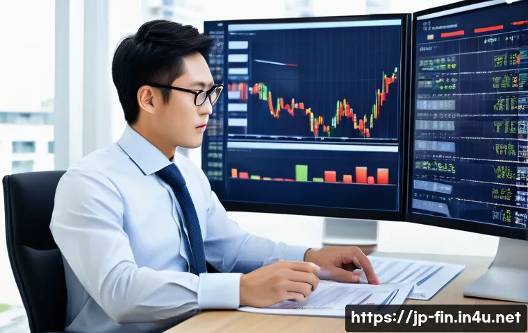 외화예금과 국내 예금 비교 - A modern Japanese financial advisor at a sleek office desk, analyzing currency exchange charts on mu...