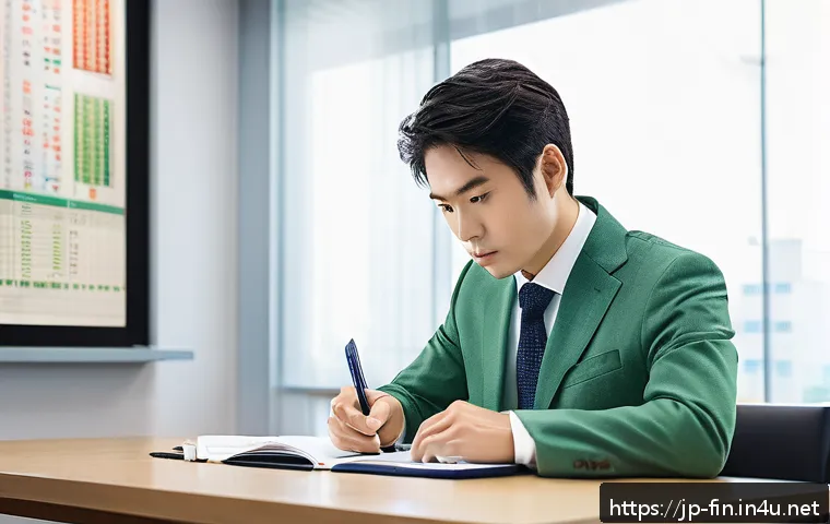 해외 투자 시 환율 리스크 - A modern Japanese office setting with a focused young Japanese investor analyzing multiple digital s...