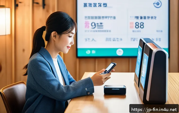 은행 서비스 디지털 전환 - A modern Japanese woman using a sleek smartphone for mobile banking in a cozy urban caf&eacute; during dayt...