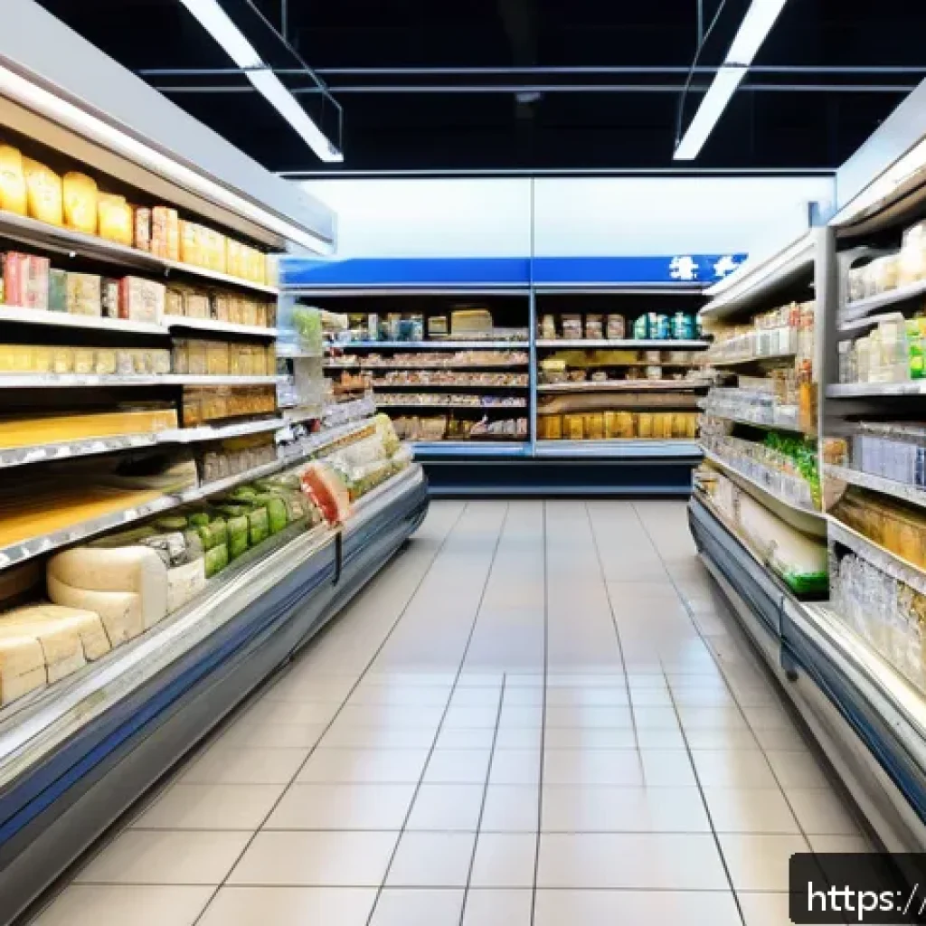 환율 변동 분석 사례 - A modern Japanese supermarket aisle filled with imported products like cheese and coffee, price tags...