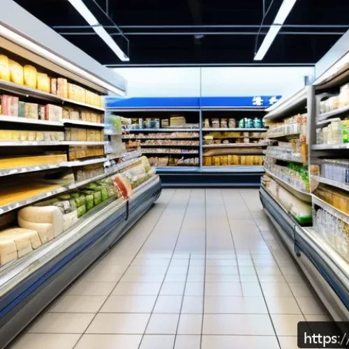 환율 변동 분석 사례 - A modern Japanese supermarket aisle filled with imported products like cheese and coffee, price tags...