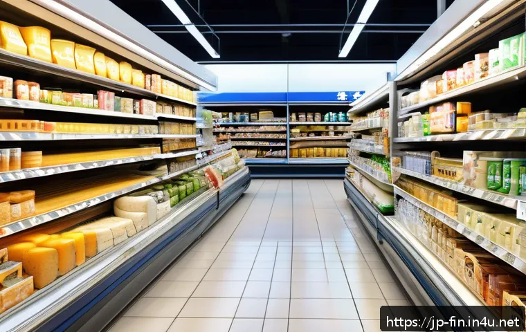 환율 변동 분석 사례 - A modern Japanese supermarket aisle filled with imported products like cheese and coffee, price tags...