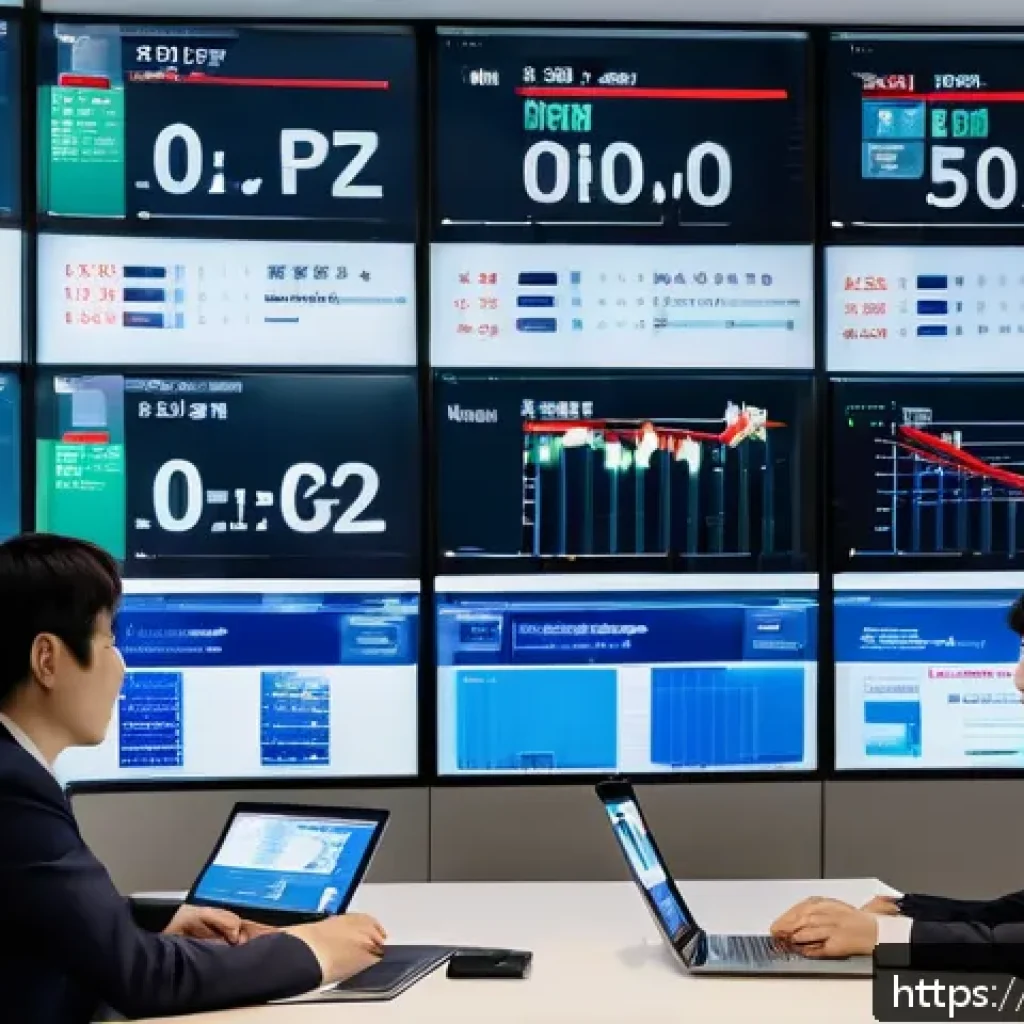 글로벌 경제와 환율 - A modern Japanese business office scene with diverse professionals analyzing multiple large digital ...