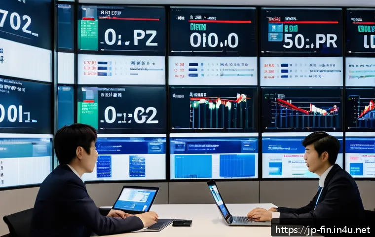 글로벌 경제와 환율 - A modern Japanese business office scene with diverse professionals analyzing multiple large digital ...