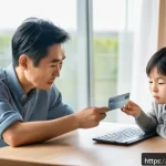 중앙은행의 금리 정책 - A modern Japanese family sitting at a dining table in a bright, stylish living room, reviewing their...