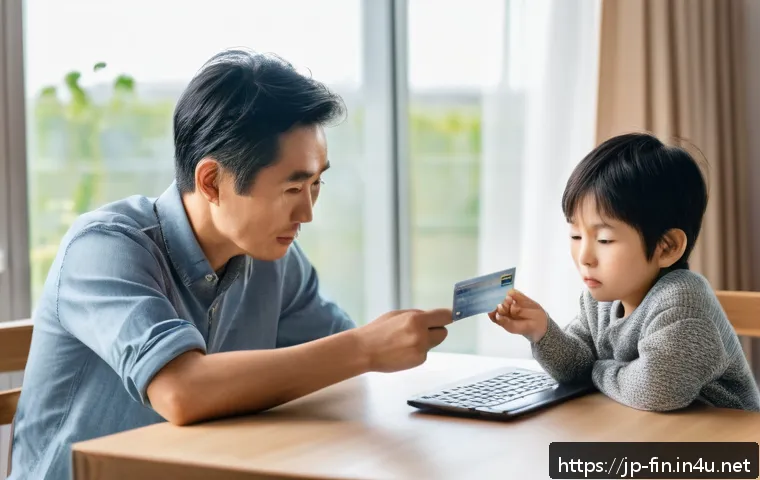 중앙은행의 금리 정책 - A modern Japanese family sitting at a dining table in a bright, stylish living room, reviewing their...