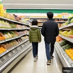 환율 변동으로 인한 물가 변화 - A modern Japanese family shopping at a supermarket aisle filled with imported fruits and daily neces...