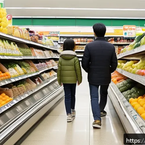 환율 변동으로 인한 물가 변화 - A modern Japanese family shopping at a supermarket aisle filled with imported fruits and daily neces...