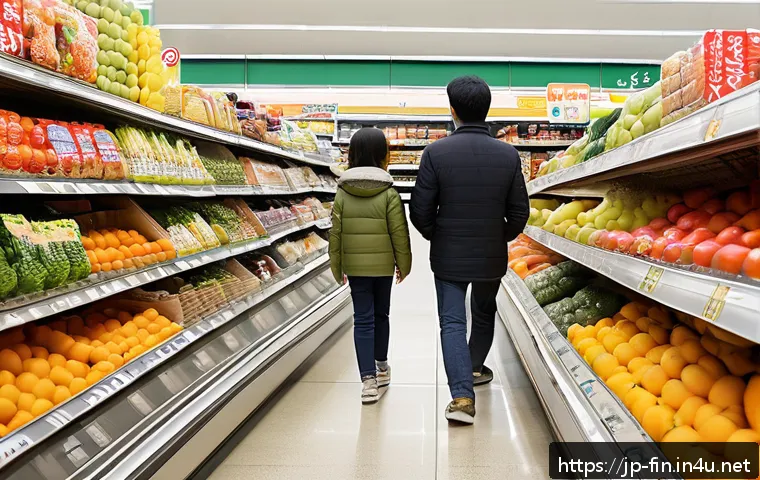 환율 변동으로 인한 물가 변화 - A modern Japanese family shopping at a supermarket aisle filled with imported fruits and daily neces...
