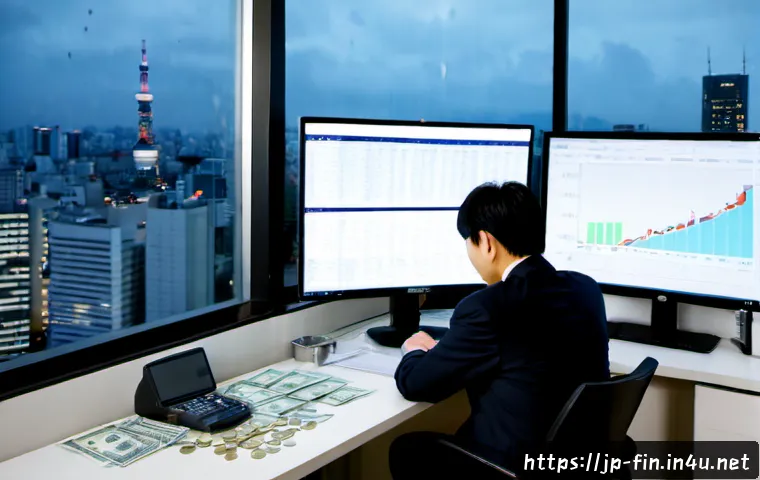 금융위기와 환율 변화 - Photorealistic financial crisis scene in a modern Tokyo office, concerned Japanese financial analyst...